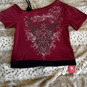 ROMWE Burgundy Short Sleeve Off-Shoulder Top with Black Trim and Studded Detail